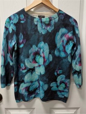 Talbots Audrey 3/4 Sleeve Water Lily Floral Pure Cashmere Sweater Medium Petite
